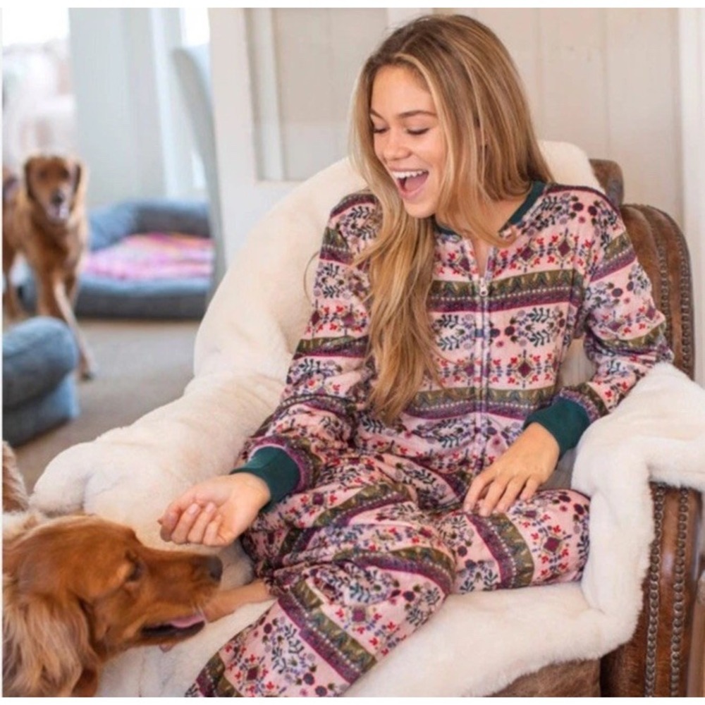 Natural Life Boho Colorful Fair Isle‎ Floral Long Sleeve Cozy Jumpsuit XS/S